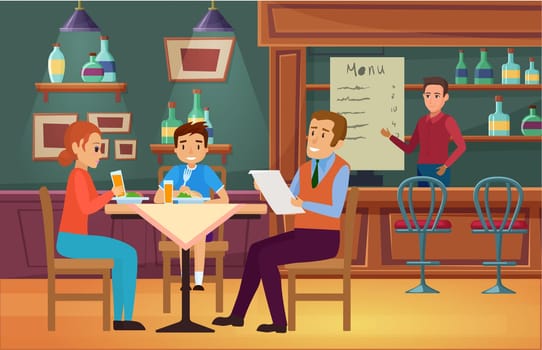 Family people eat food in cafe vector illustration. Cartoon young mother father and boy son characters eating dinner, sitting at table and dining in interior of cafeteria or restaurant background
