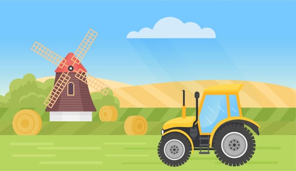 Farm tractor in summer village landscape vector illustration. Cartoon countryside scene with mills and haystacks, cultivated wheat fields on hills, agriculture tractor machine harvesting background