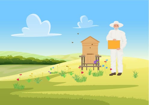 Beekeeper people work in apiary, farm apiculture agriculture, honey gathering from wooden beehive vector illustration. Cartoon man in protective uniform beekeeping, holding honeycomb background