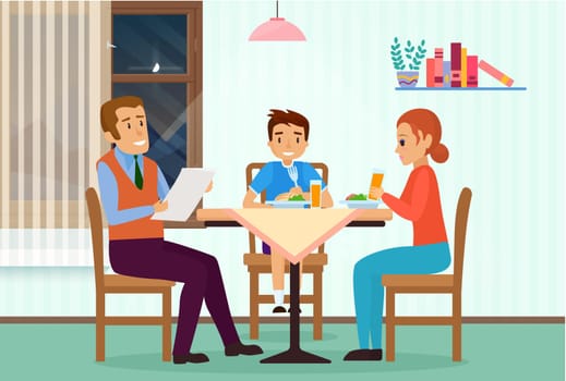 Family people dining at home living room domestic interior vector illustration. Cartoon young mother and boy son eating dinner or lunch healthy food, father character reading at table background