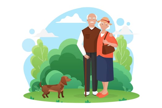 Old people senior couple walks with a small dog in the park