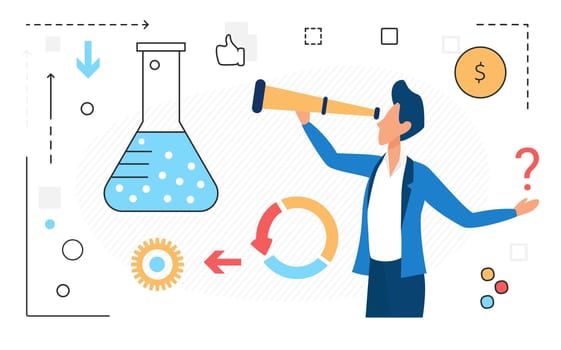 Science experiment process, man character with spyglass telescope and research icons