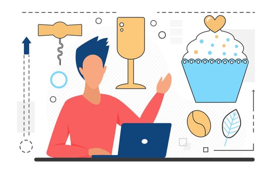 Food cooking, man character with laptop, dessert and drink line icon isolated