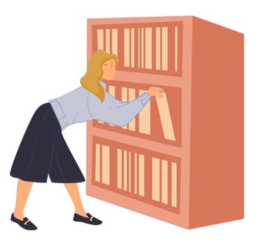 Woman reaching books on shelf in library or shop