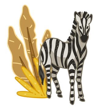 Zebra with foliage of bushes, flora and fauna
