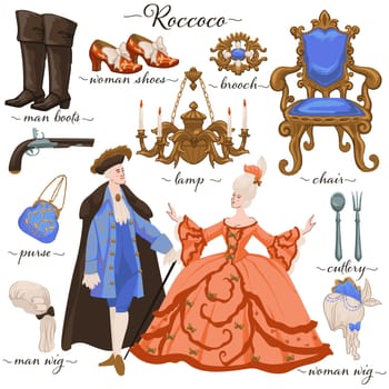 Rococo history period clothes and furniture vector