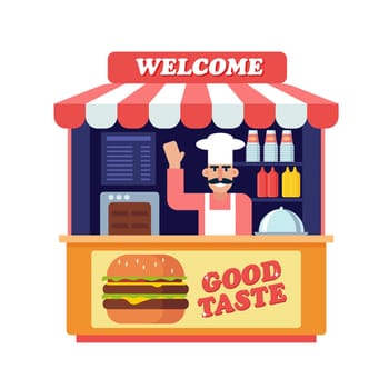 Fast food hamburger street cart local business. Outdoor stall shop selling burgers cartoon vector illustration