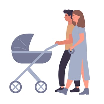 Young couple parents walking with baby carriage
