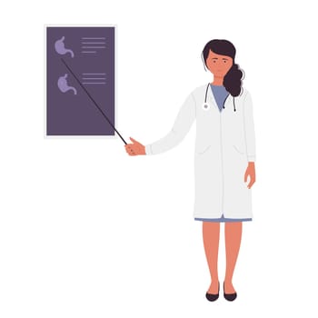 Female doctor showing analysis board. Medical worker with stethoscope vector illustration