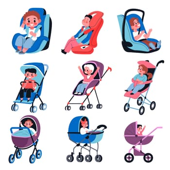 Newborn babies and toddlers in perambulators and children car seats. Boy and girl sitting in buggy pr pushchair. Childhood of kids, cheerful characters and personages with belts. Vector in flat style