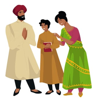 Mother and father with young teenage son holding book. Indian family of mom and dad with kid. Mommy embracing grown up child. Parenthood and childhood in asian countries. Vector in flat style