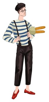 Man with baguettes wearing french style clothes