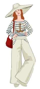 Stylish woman wearing summer nautical clothes