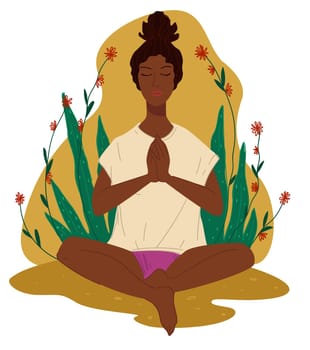Woman doing yoga, meditating girl with closed eyes sitting in position. Asanas for clearing mind from worries, sports and active lifestyle. Wellbeing and workout of personage. Vector in flat style