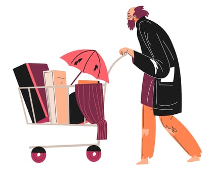 Homeless man with trolley filled with boxes vector