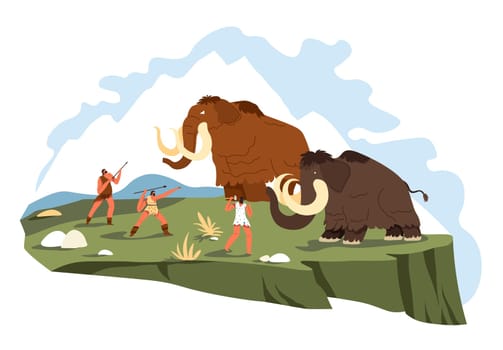 Caveman hunting on mammoth, group of people trying to kill mammal for meat and fur. Survival and evolution process, neanderthal civilization. Historical period. Vector in flat style illustration