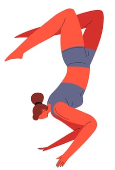 Sportive female character doing sports, isolated woman practicing flexibility and strength. Wellness and healthy lifestyle, weight loss or yoga training. Fitness and aerobics. Vector in flat style