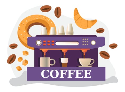 Coffee machine with mugs, beans and baked pastry