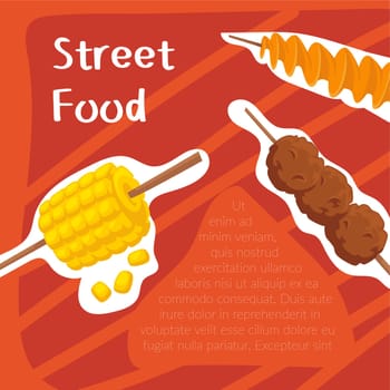 Street food, sweet corn and meat balls menu vector