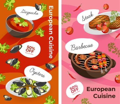 European cuisine, menu with promotion and sales