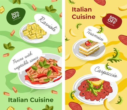 Italian cuisine, dishes and desserts poster sale