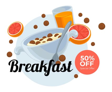 Cereals with milk, juice and grapefruit breakfast
