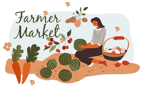 Farmer market, woman growing fresh vegetables
