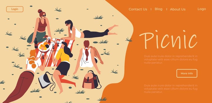 Friends enjoying picnic and nature outdoors, women sitting on blanket and eating food, talking and drinking beverages. Summertime rest. Website or webpage templates, landing page flat vector