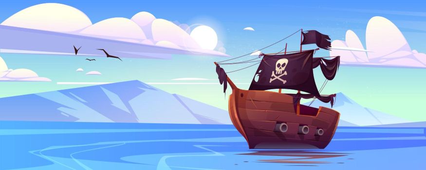 Pirate ship with black sails and flag with skull