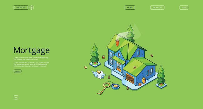 Mortgage isometric landing page with cottage house