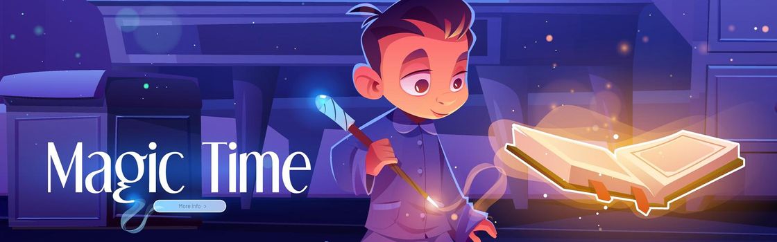 Magic time poster with boy with spell book