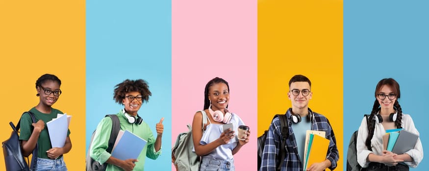 Enjoying Students Life. Srudio portrait of diverse group of people multicultural young men and women wearing backpacks and holding notepads over bright colorful gradient studio background wall