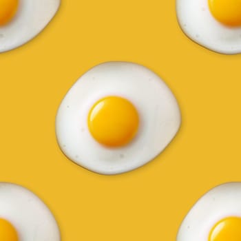 Vector Seamless Pattern with Realistic Fried Egg, Omelet on a Yellow Background. Healthy Breakfast, Protein Food, Diet Meal Concept. Design Template