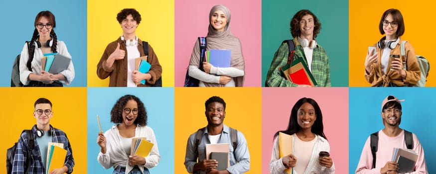 Happy multiethnic students posing over colorful studio backdrops