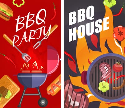 BBQ party house, grilling meat and steaks banner