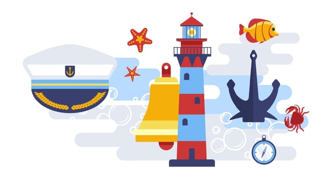 Marine themed symbols, cap of captain, beacon with light, bell and anchor for ship vessel. Timer or clock showing time, fish and crab with seastar. Animals and equipment. Vector in flat style