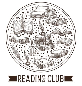 Reading club, books and vintage ink feather emblem