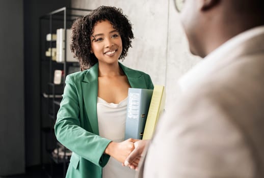 Black Woman Handshaking With Man Meeting For Job Interview Indoor