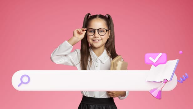 Schoolgirl Holding Books Advertising E-Learning Near Search Icon, Pink Background
