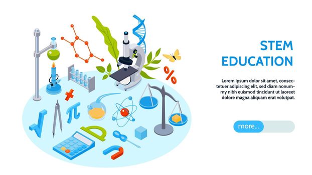 Isometric school education horizontal banner with editable text more button and composition of science related icons vector illustration
