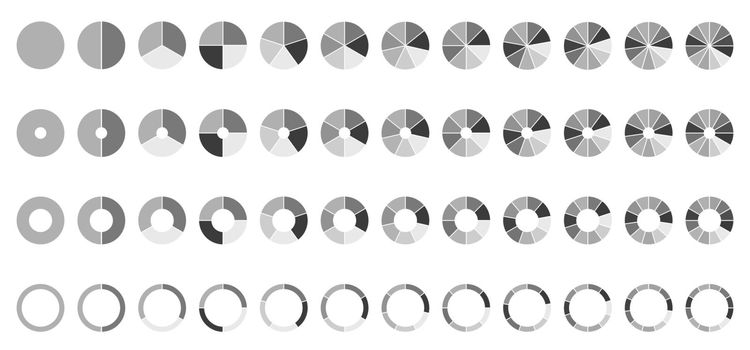 Circle pie charts. Round diagram. 2,3,4,5,6,7,8,9,10,11,12 sections or steps.