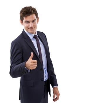 Impressive work. Studio shot of a well dressed businessman giving you thumbs up against a white background.