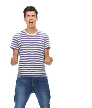 Casually handsome. A cropped shot of an ecstatic young man air punching, isolated on white.