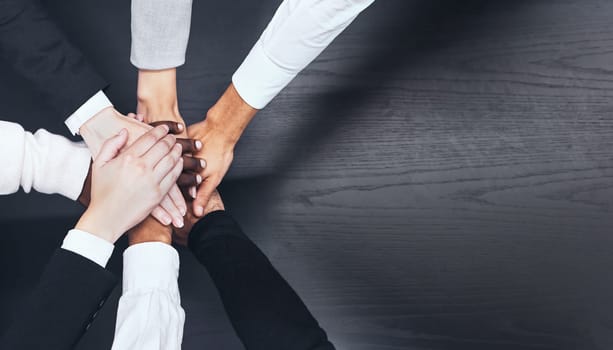 Business people, meeting and hands together above on mockup for teamwork, unity or collaboration. Top view of group touching hand for team agreement, motivation or support in trust on mock up space