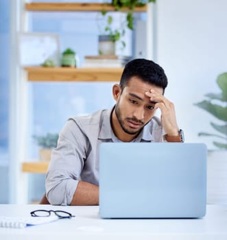 Business, burnout and man with a headache, laptop and overworked with health problem, professional and error. Male person, employee or consultant with a pc, burnout and migraine with network glitch