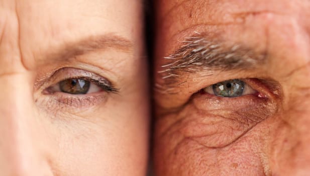Face, eyes and closeup of old couple with wrinkles on skin for natural aging process in retirement. Portrait, elderly man and senior woman looking with vision, nostalgia or perception of grandparents
