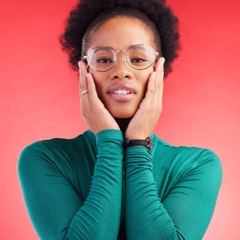 Woman, portrait and studio with glasses and vision with eye care and health. Face, African female person and model with eyewear, new frame and fashion with modern style and confidence of girl