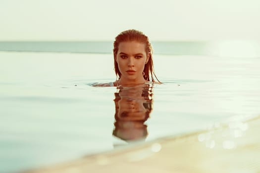Young woman beauty portrait in water in sunset
