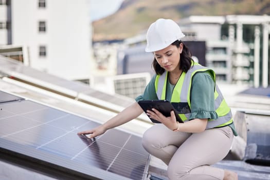 Solar panel, engineering ot woman with a tablet for planning, renewable energy or research. Connection, technology or photovoltaic maintenance with engineer for inspection, employee or sustainability