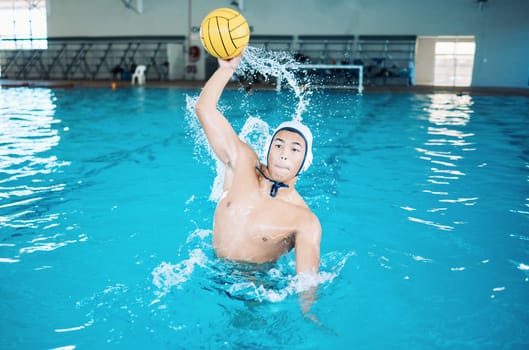 Sports, fitness and water polo with man in swimming pool for exercise, training and games. Championship, workout and performance with person and ball in competition for health, wellness and target